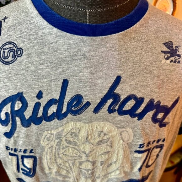 Vintage Diesel "Ride Hard" logo  Muscle Tee Shirt X-Large Gray and Blue - Picture 4 of 9
